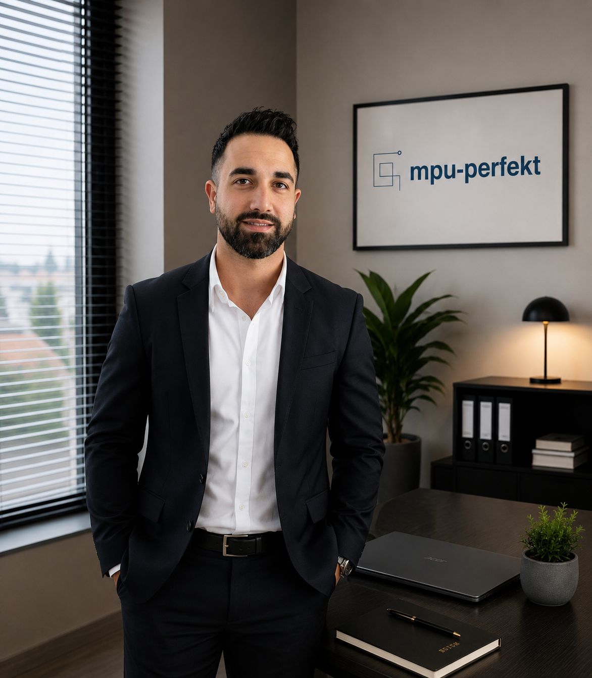 MPU Vorbereitung online und Solingen Massimo Maglione mit Anzug im Büro freundlich lächelnd